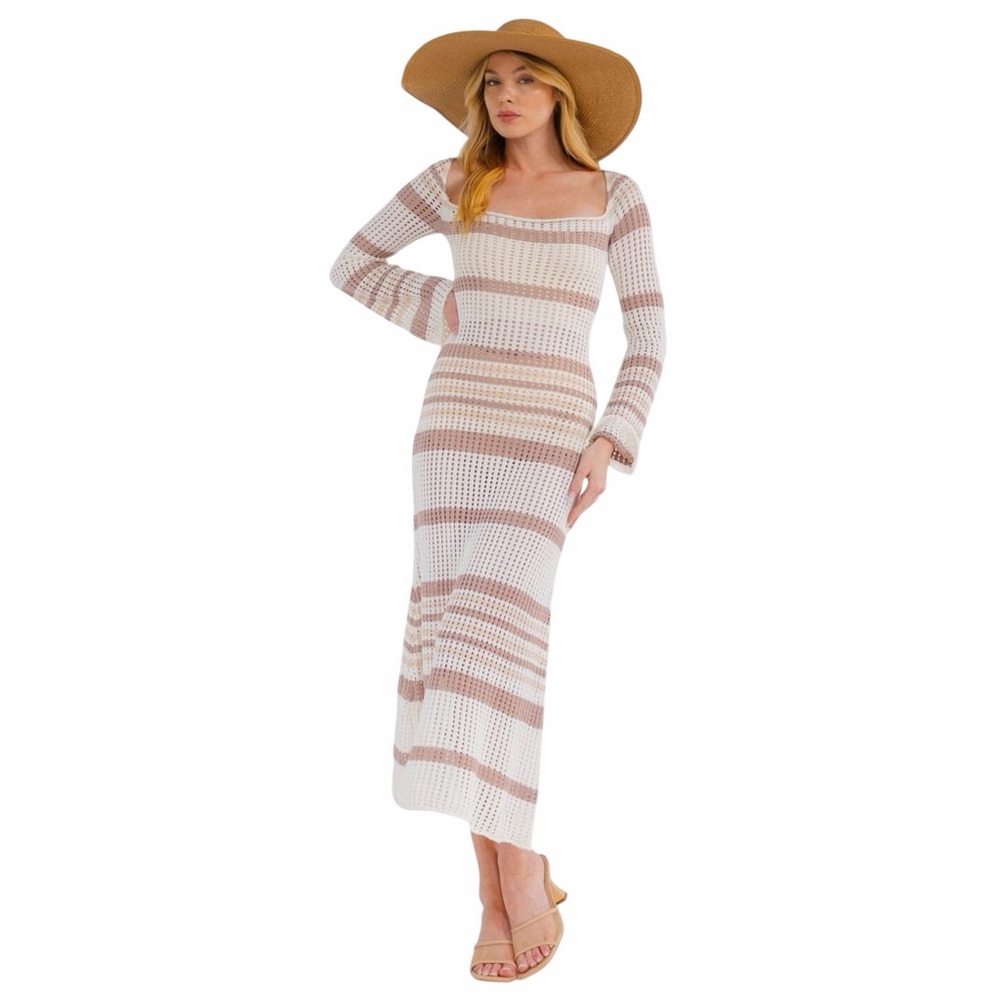 NWT Boutique Mocha Long Bell Sleeve Striped Knit Bodycon Maxi Dress, SM-L